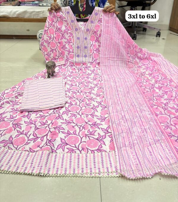 Big Size Anarkali Kurti Pant Dupatta Set – Pure Cotton - Image 3